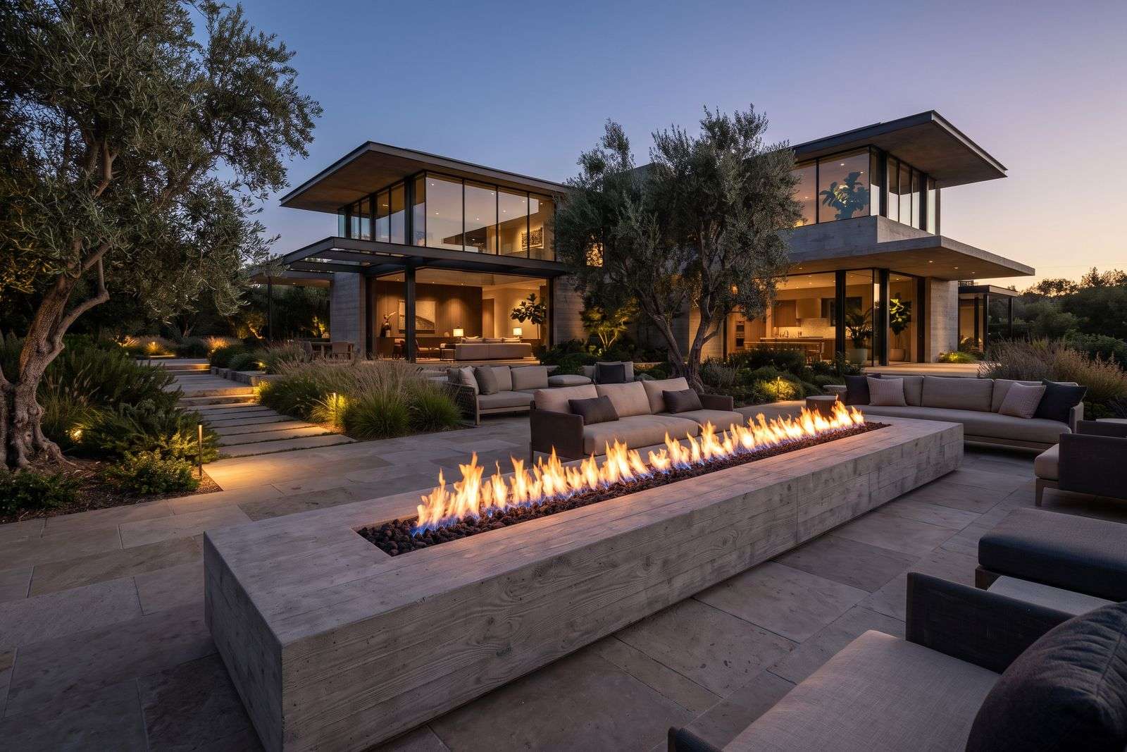 A long linear gas fire table on a backyard terrace at dusk, with lounge seating and low landscape lighting.