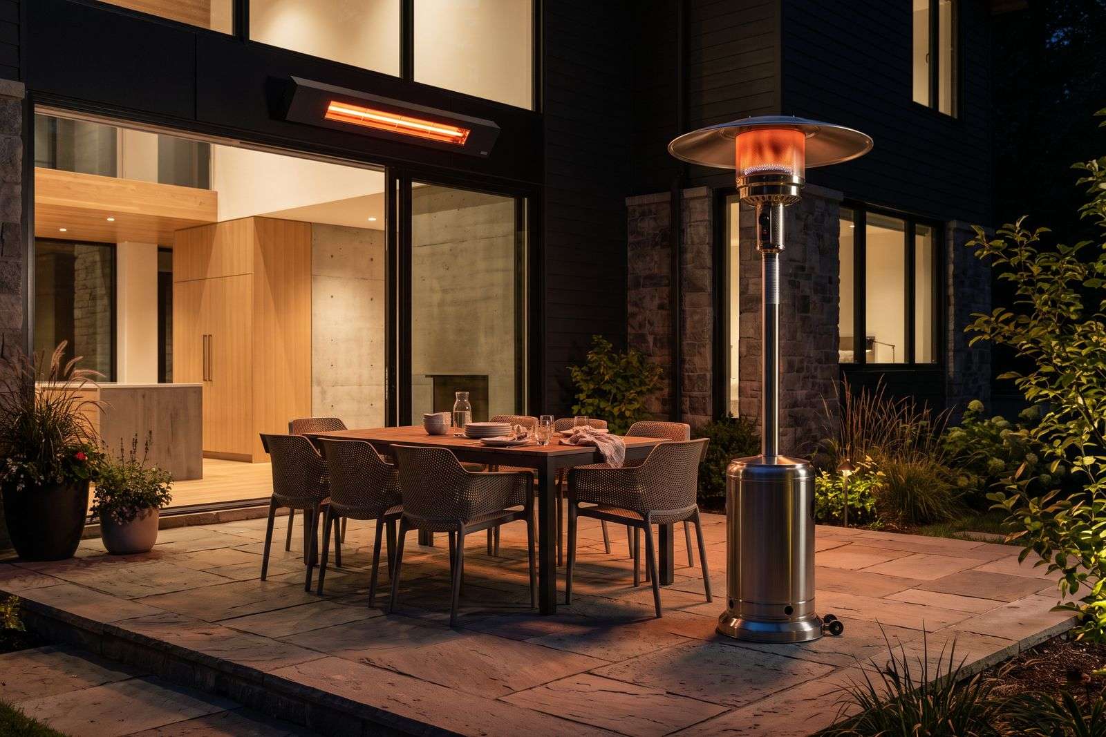 A tall stainless propane patio heater and a wall-mounted electric heater warming an outdoor dining area at night.