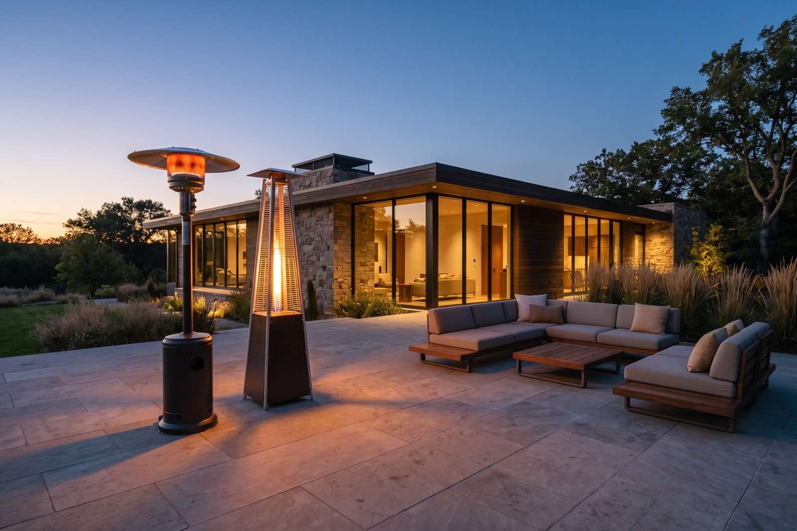 A generic freestanding propane patio heater with a round reflector head beside a four-sided glass-tube flame tower on a dusk patio, both lit.