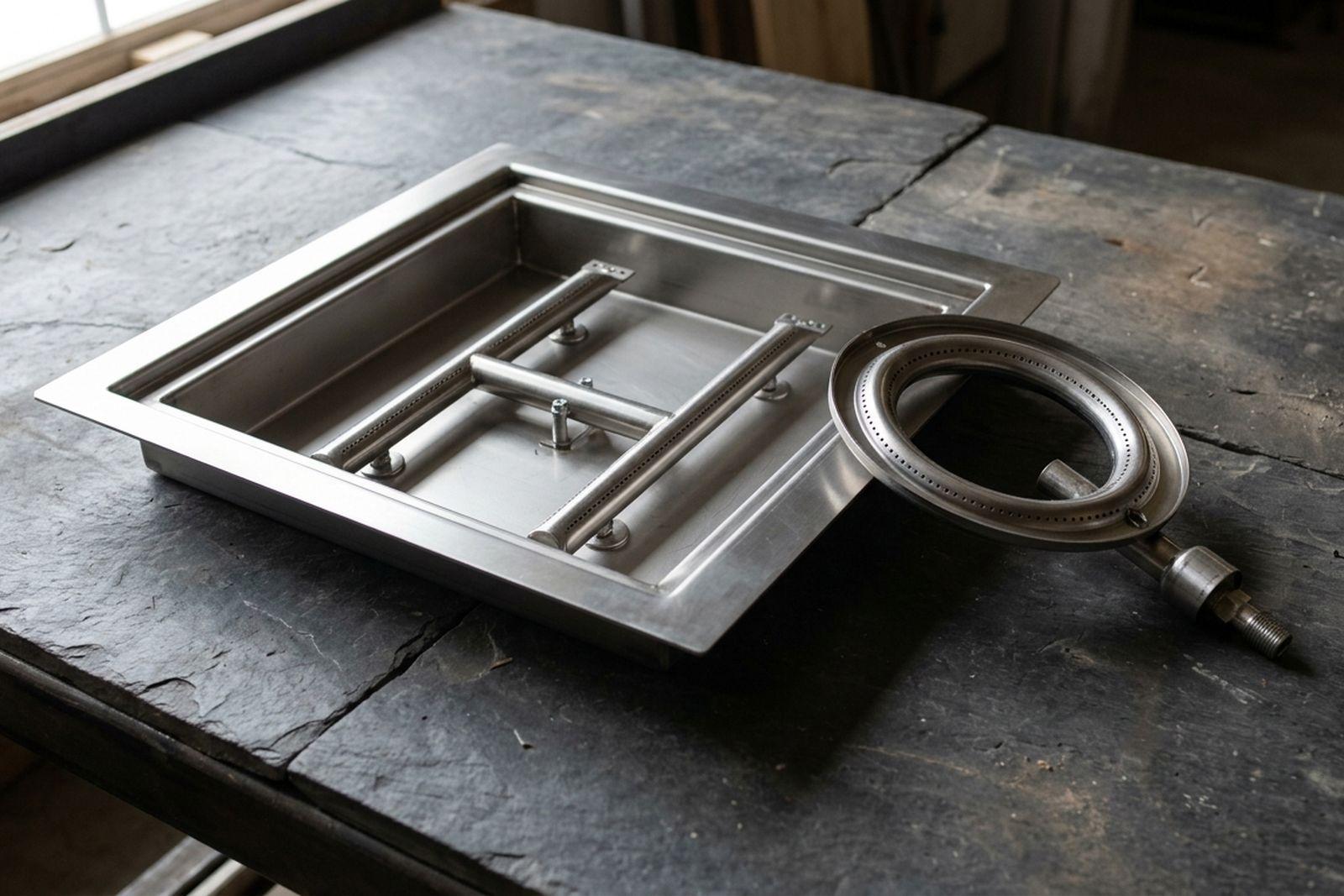 A stainless steel H-shaped gas burner and a round ring burner laid out unlit on dark slate in soft daylight.