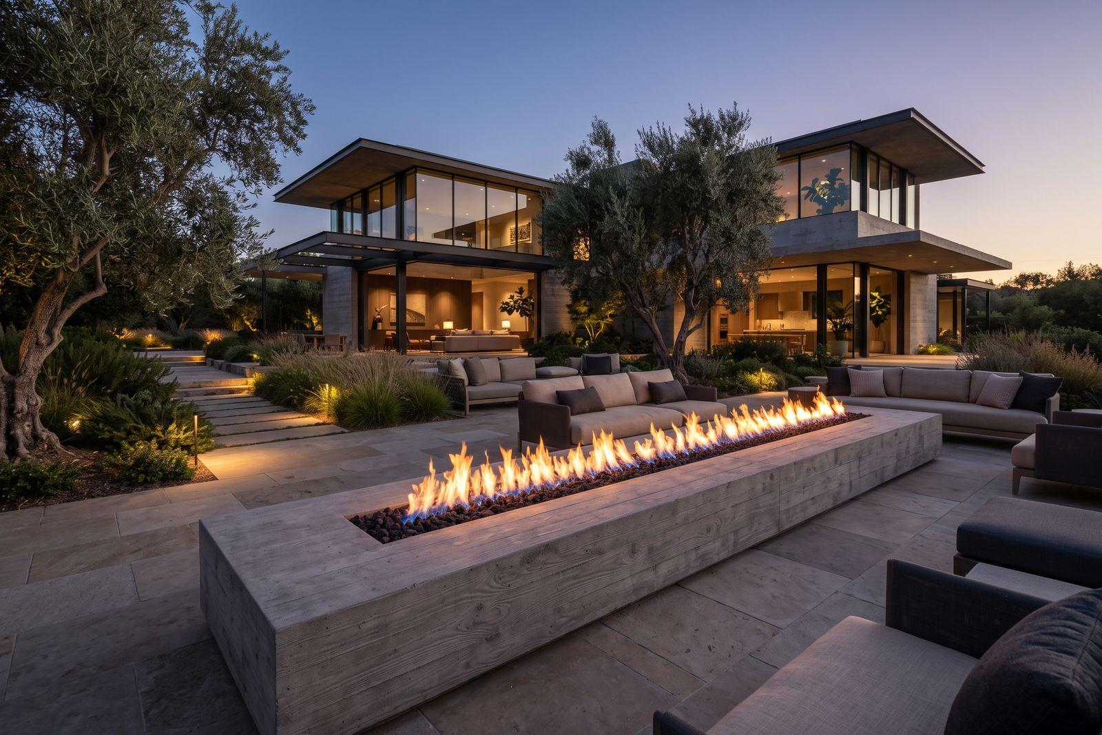 A long linear gas fire table on a backyard terrace at dusk, with lounge seating and low landscape lighting.