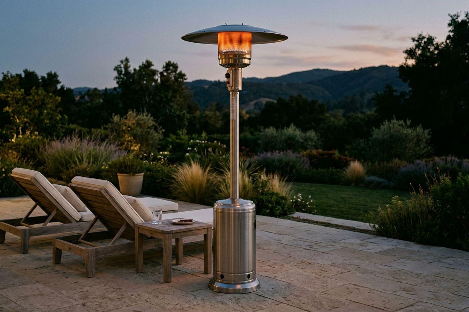 A freestanding stainless tower patio heater glowing beside lounge chairs on a stone terrace at dusk.