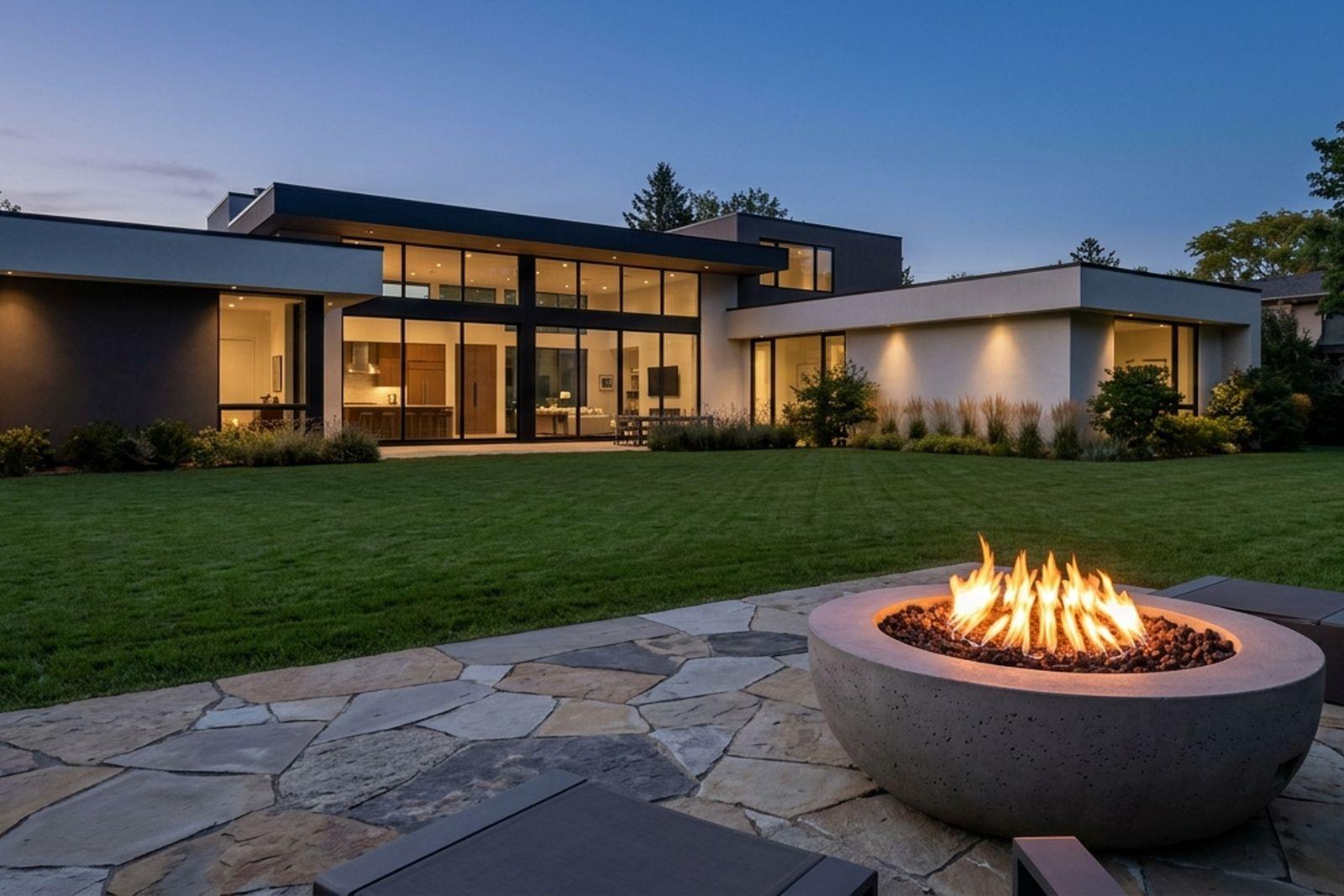 A round gas fire pit burning on a flagstone patio, set well out from the wall of a modern house at dusk.