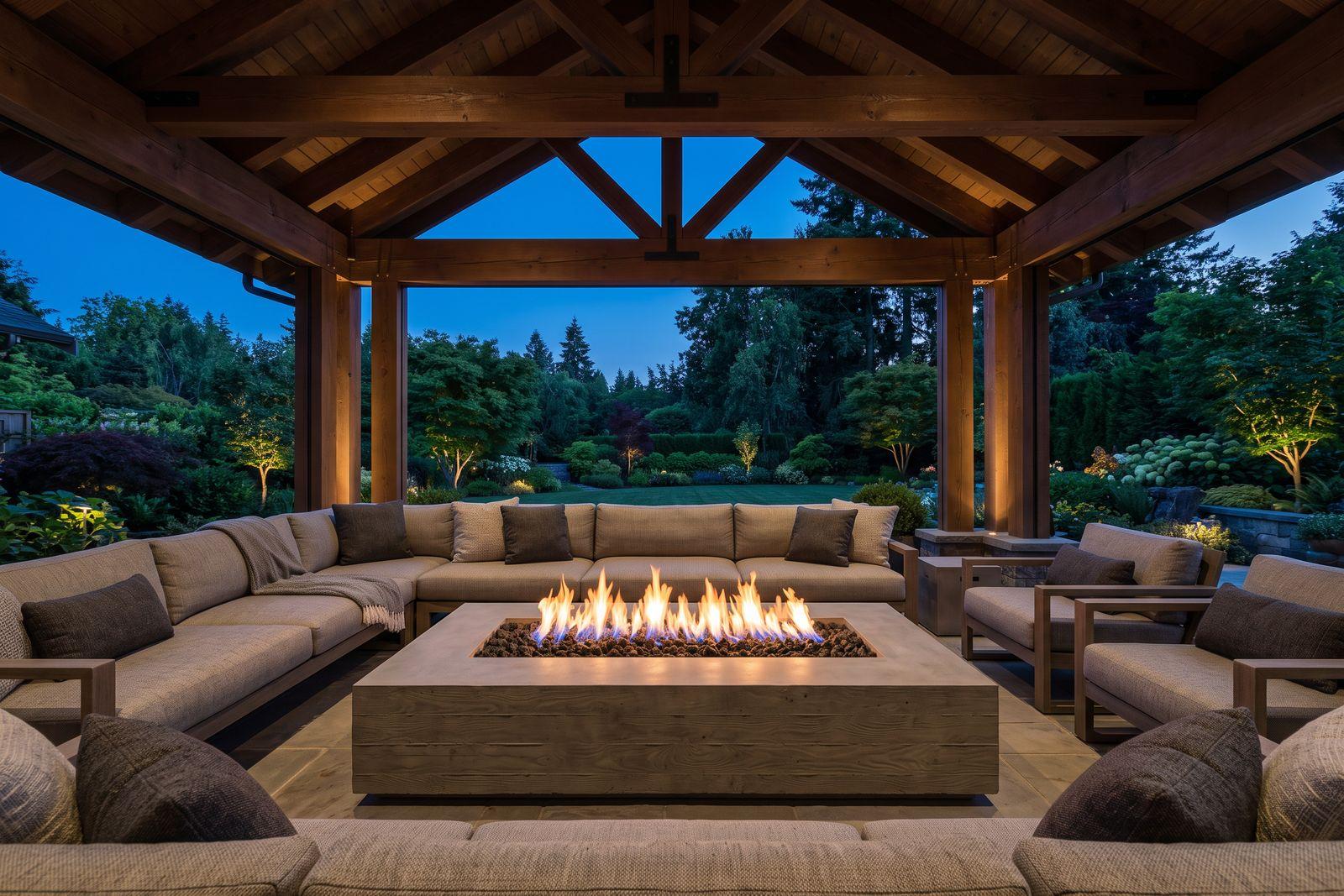 A low concrete gas fire table burning under a tall covered patio roof with exposed wood beams at blue hour.