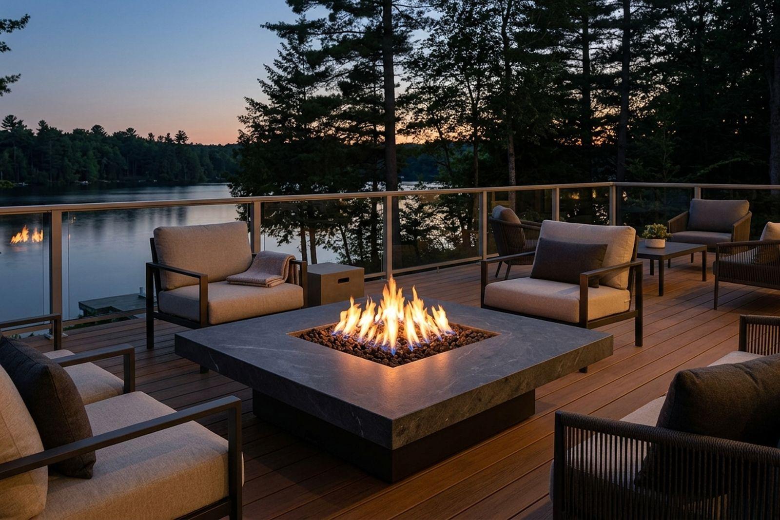 A square gas fire table with a stone top on a composite deck at dusk, its flames low and even.
