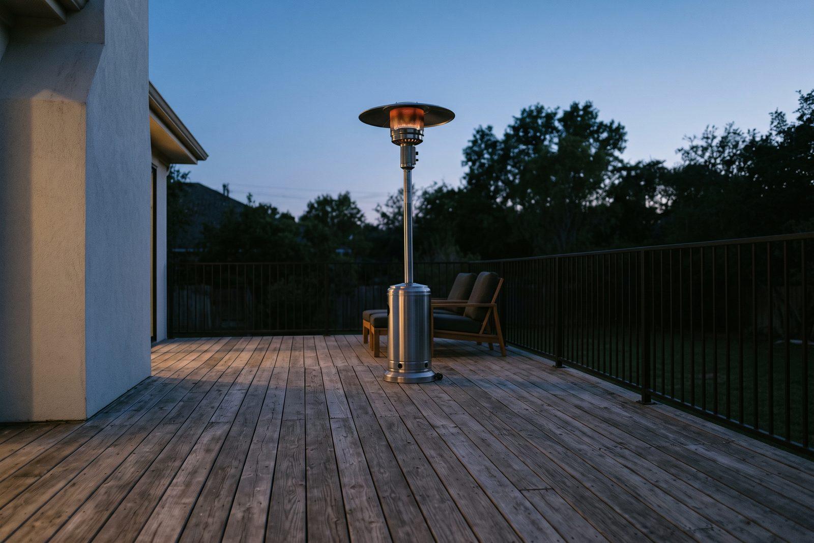 A wood deck at dusk with a tall stainless propane patio heater glowing near the middle of the deck, well clear of the house wall and the railing.
