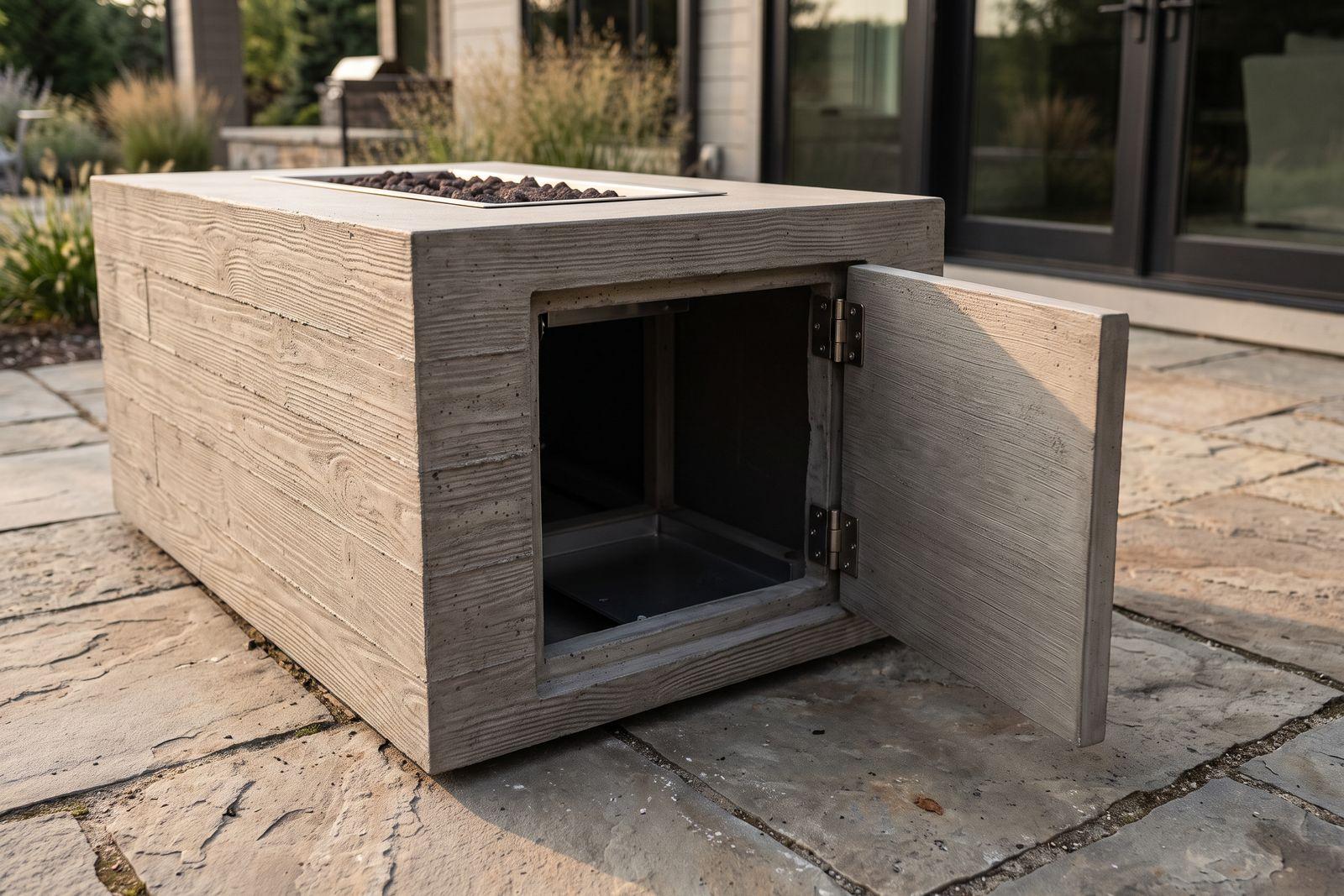 A rectangular concrete fire table with its side access door open, showing the empty compartment that holds a propane tank.