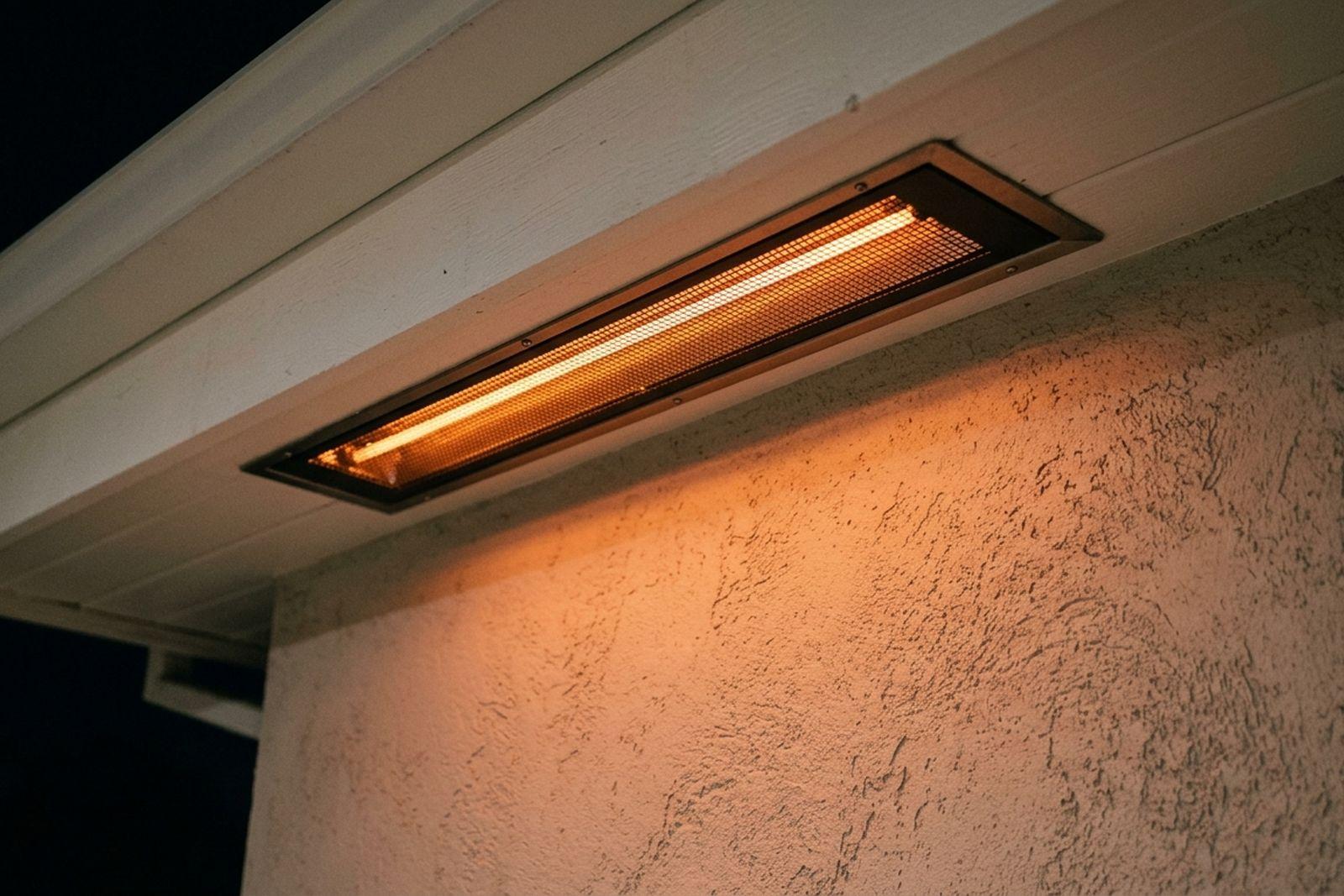 A long, slim electric infrared heater mounted under a painted patio soffit at night, its element glowing orange.