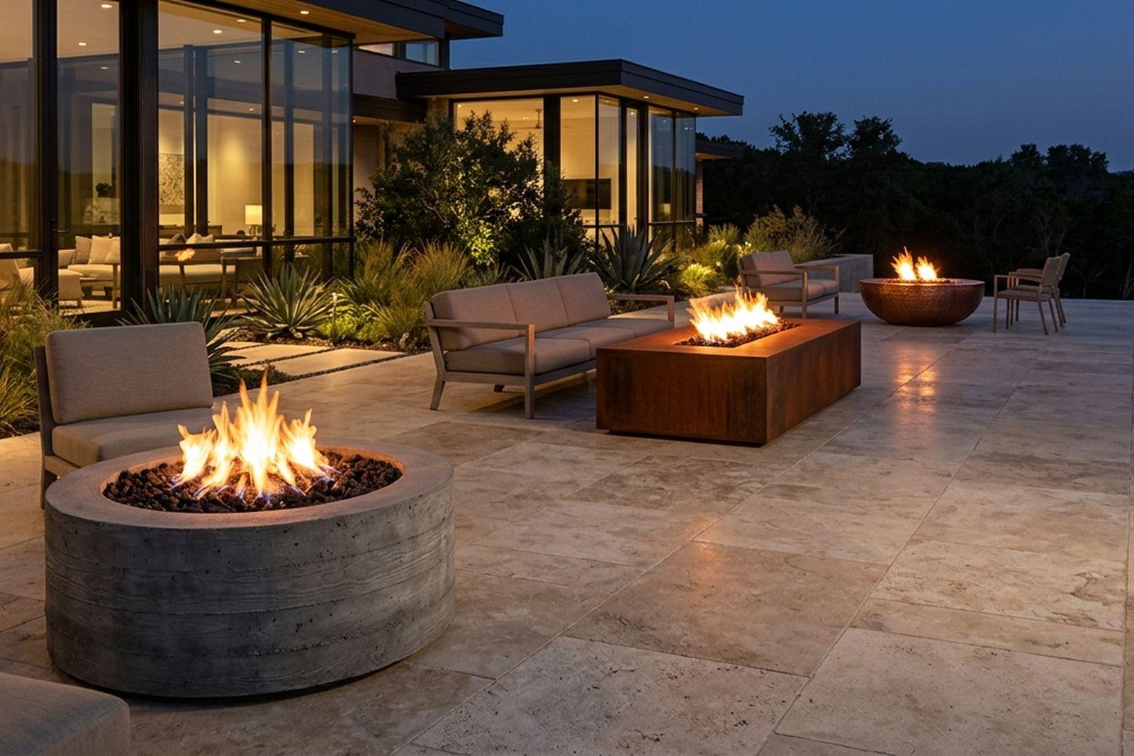 A concrete fire bowl, a corten steel fire table and a copper fire pit arranged along a long stone terrace at dusk.