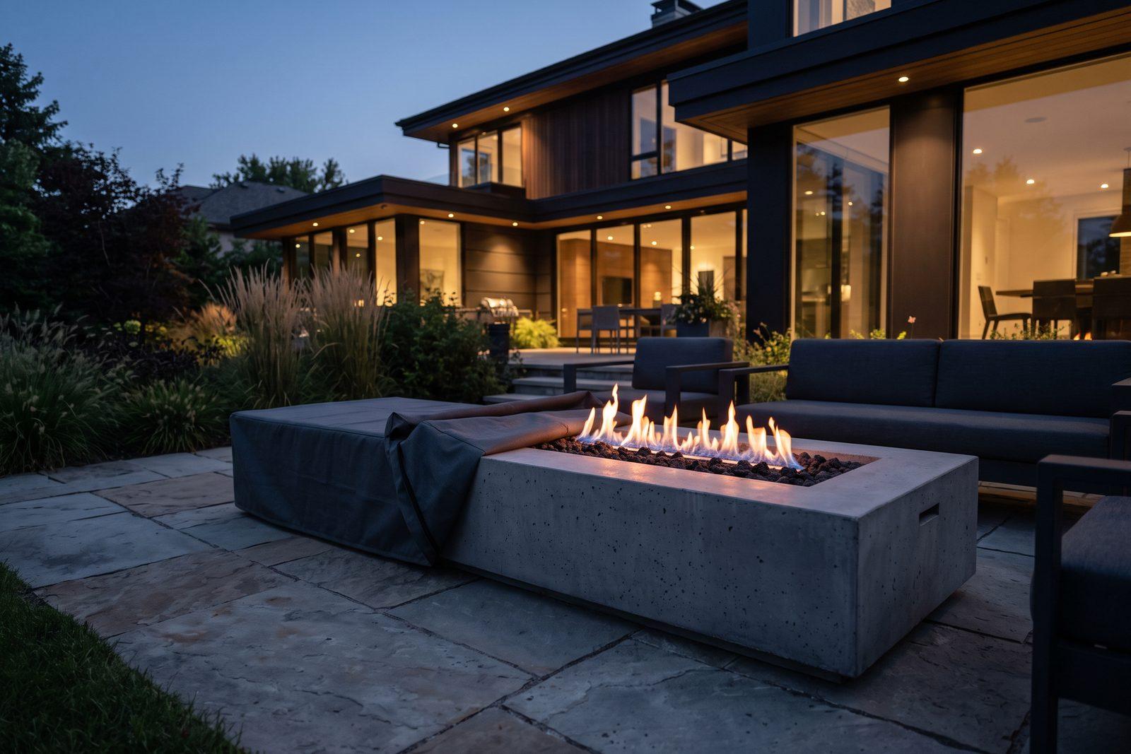 A crated gas fire table on a freight pallet in a driveway at dusk, with a packing slip and warranty card taped to the crate.