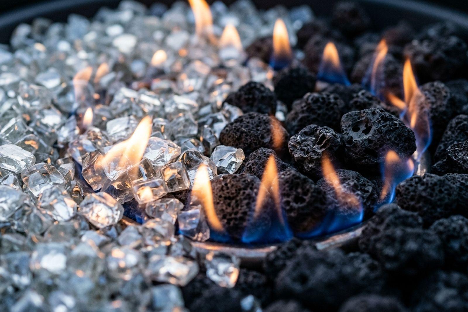 Close detail of reflective fire glass and black lava stones meeting in a fire pit, with low gas flames rising between them.