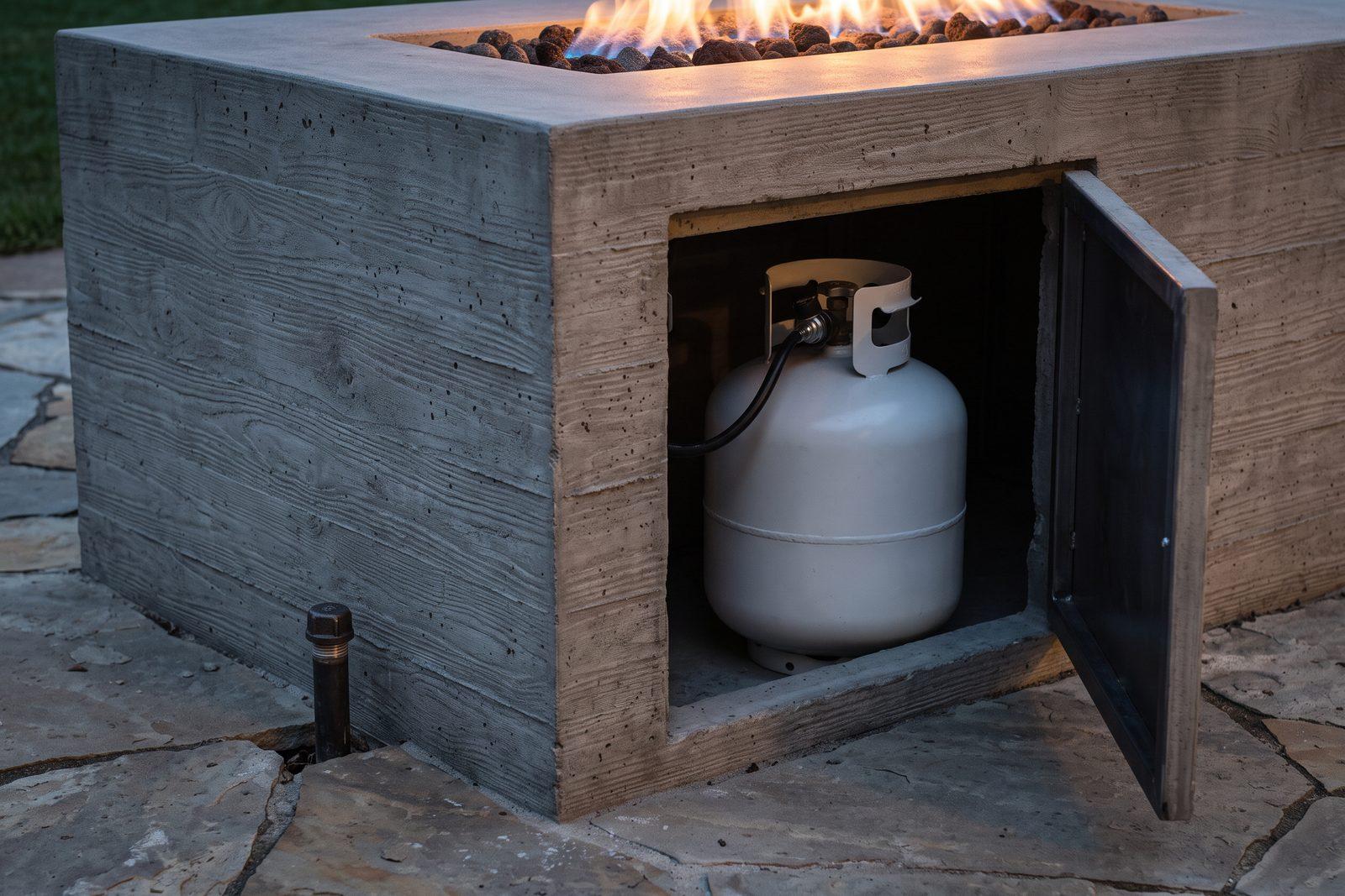 A board-formed concrete fire table burning at dusk, its side door open on a white propane cylinder, with a capped gas pipe rising from the flagstone patio beside it.