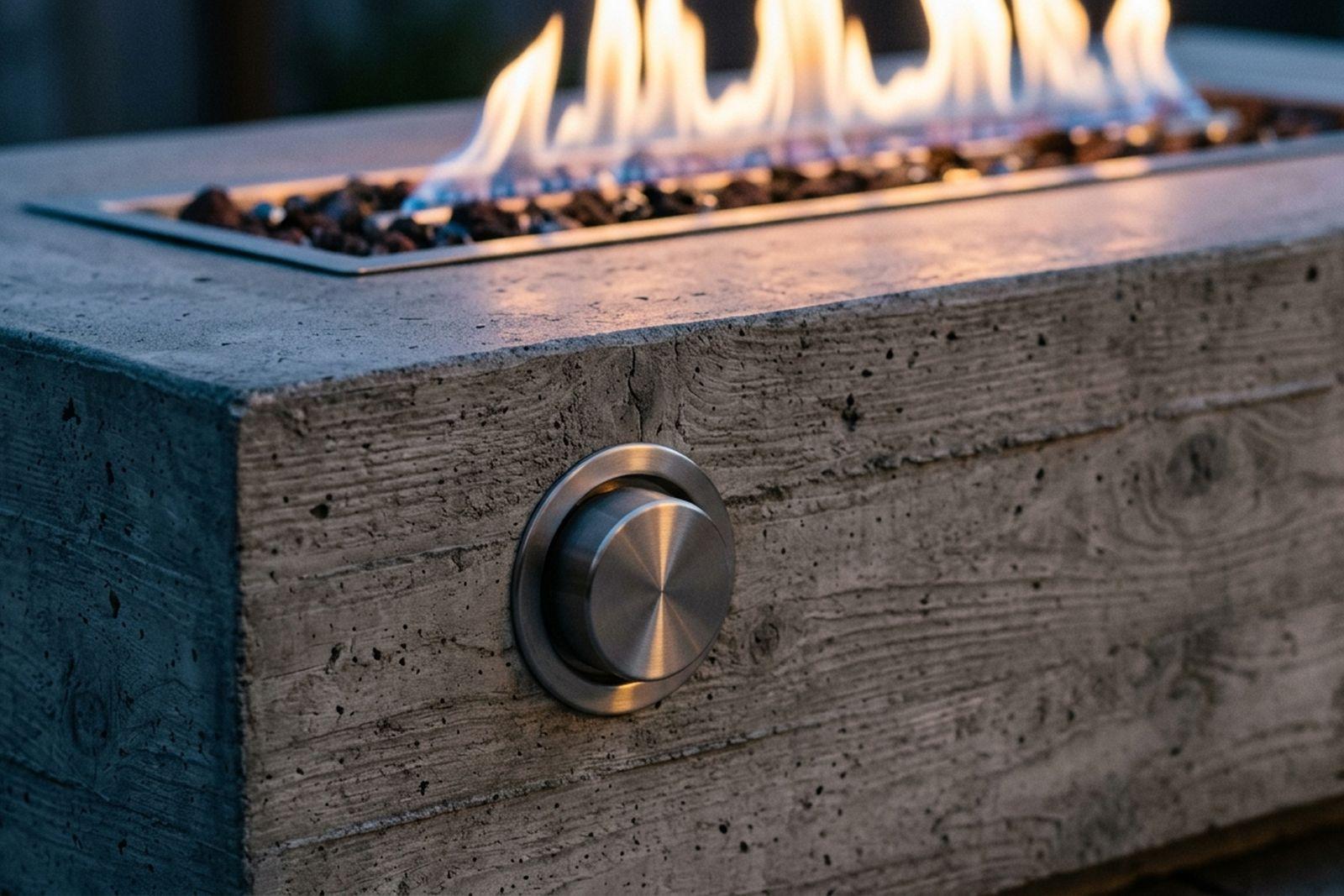 Close detail of a fire table's control knob and a low, even gas flame along a burner at dusk.