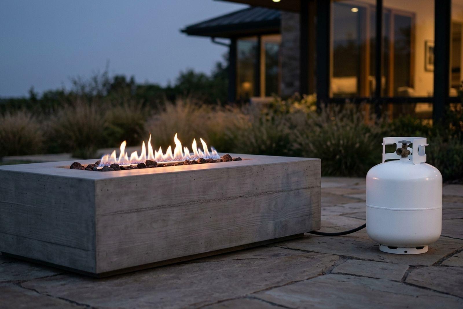 A white 20 lb propane cylinder standing beside a low concrete fire table on a patio at dusk.