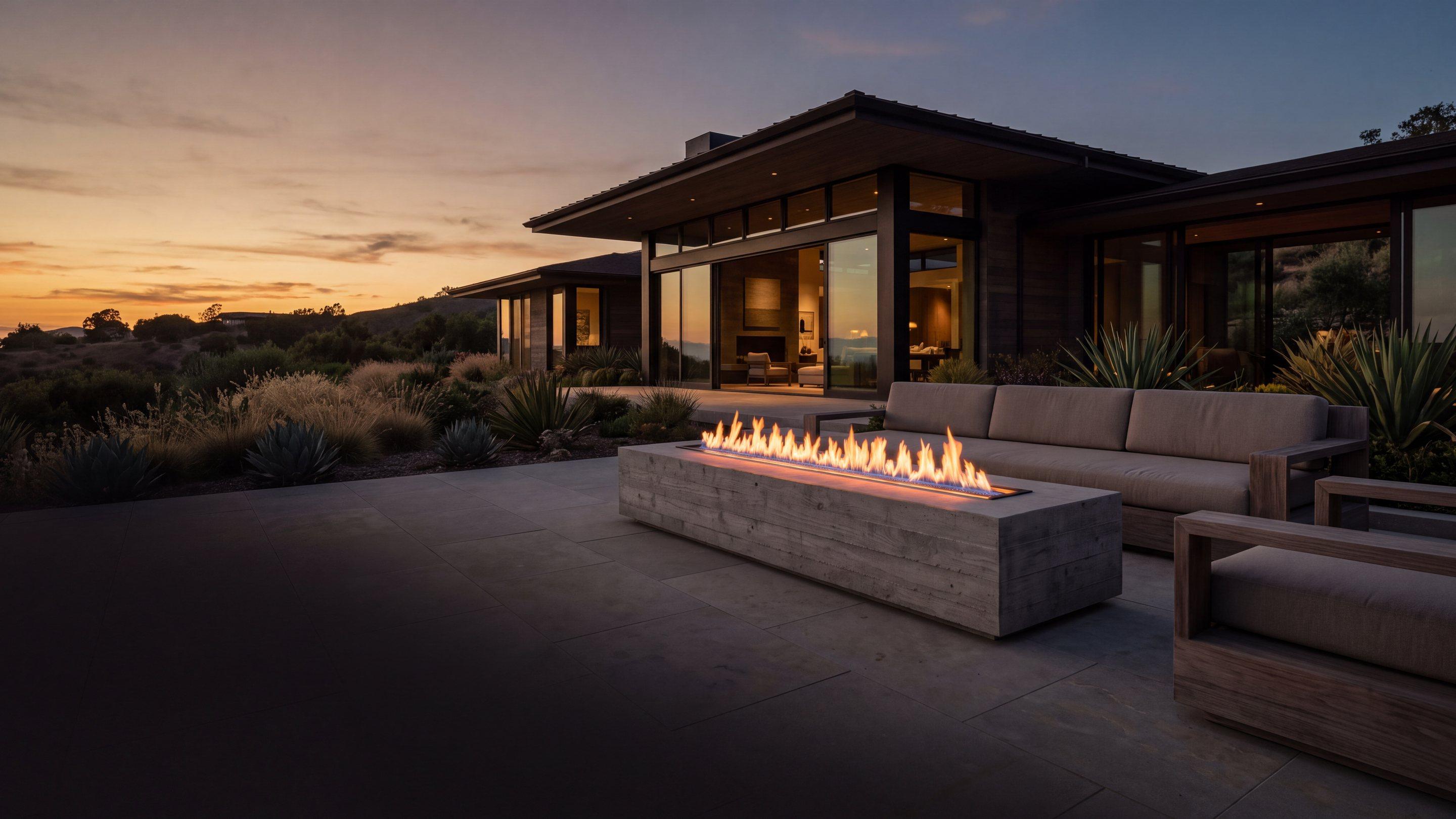 A long, low concrete gas fire table burning on a stone terrace outside a modern single-storey house as the evening light goes.