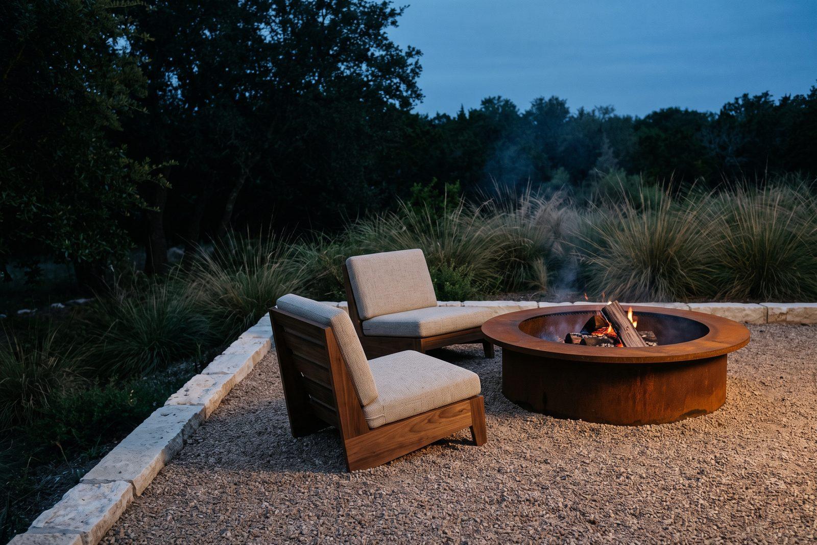 A round weathered corten steel fire pit with a small log fire burning inside, beside two walnut lounge chairs on a gravel terrace at blue hour.