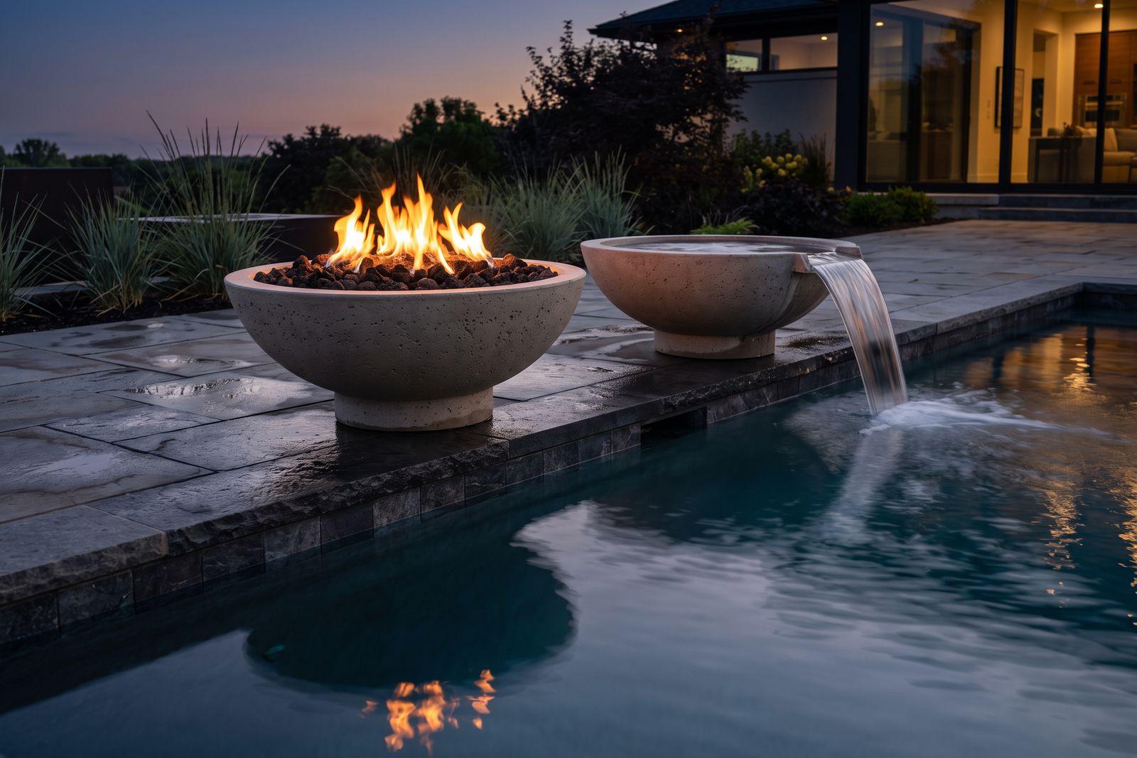 A round concrete gas fire bowl on a pedestal beside a pool at dusk, with a second bowl spilling water into the pool.
