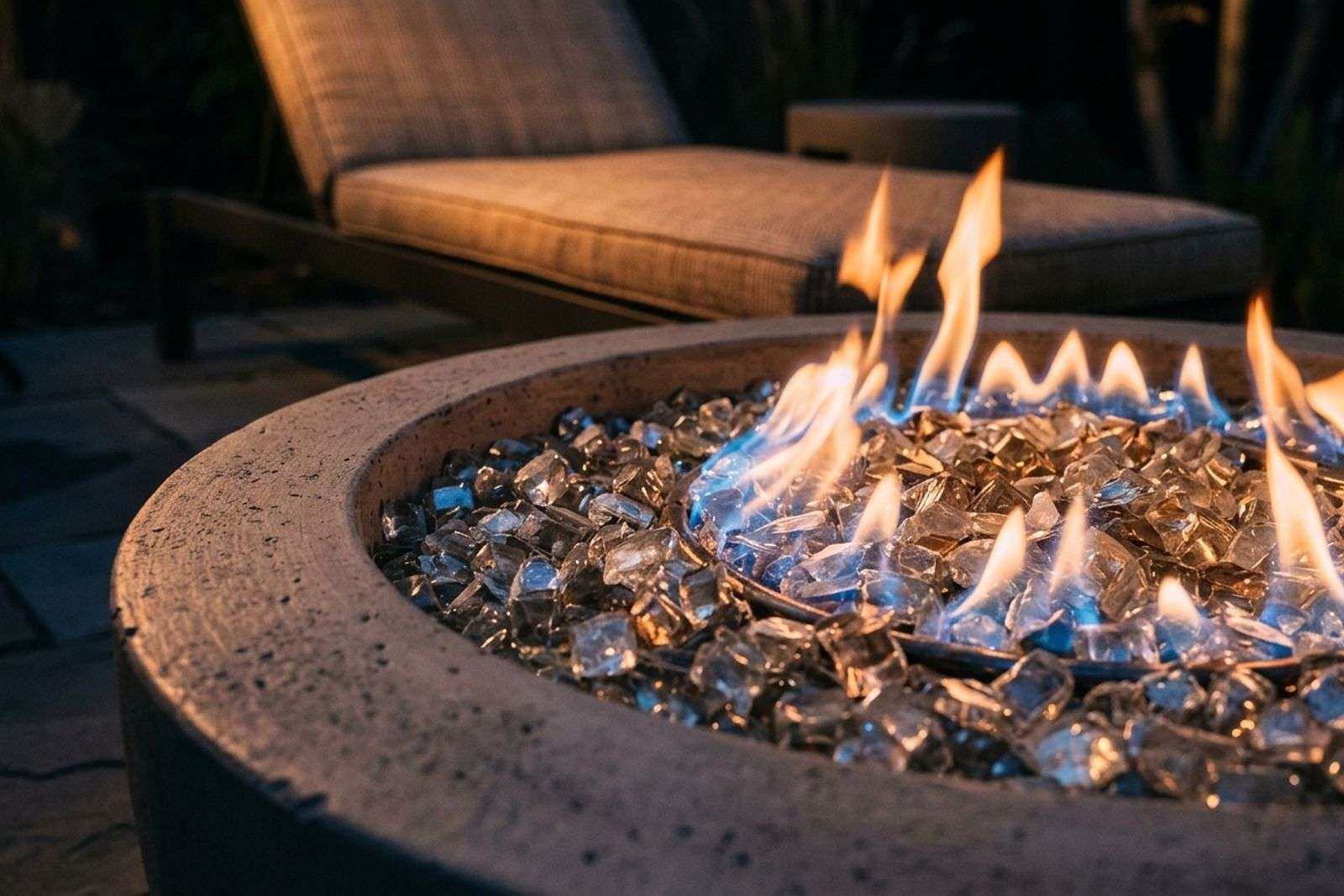 Low-angle detail of gas flames in a round fire pit, warm light falling across the cushions of a nearby lounge chair at night.