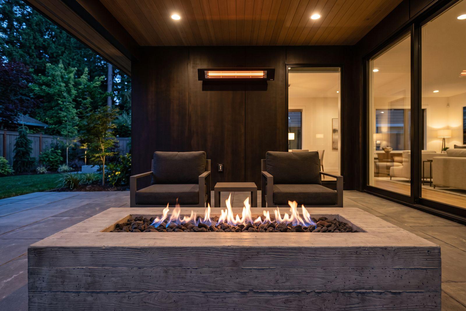 A covered patio at dusk with a glowing wall-mounted infrared heater above lounge chairs and a gas fire table burning in the foreground.