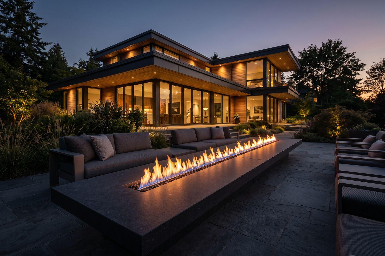 A long, narrow linear gas fire table with a single row of short flames running the length of a dark stone patio at dusk.