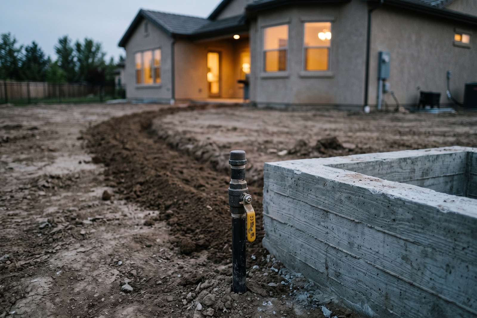 A capped natural gas stub-out with a quarter-turn shutoff valve rising from bare soil beside an unfinished concrete fire pit enclosure at dusk, a filled trench running back toward the house.