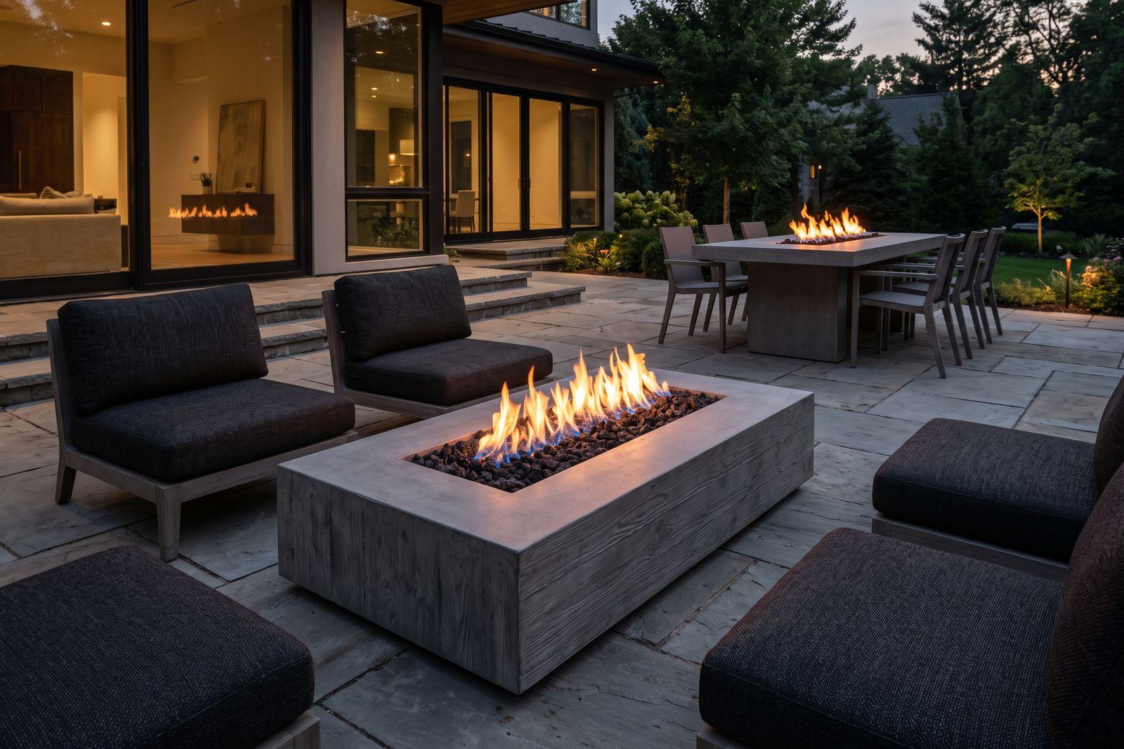 Two gas fire tables at different heights on a stone terrace at dusk, a low chat-height table in front and a taller dining-height table behind.