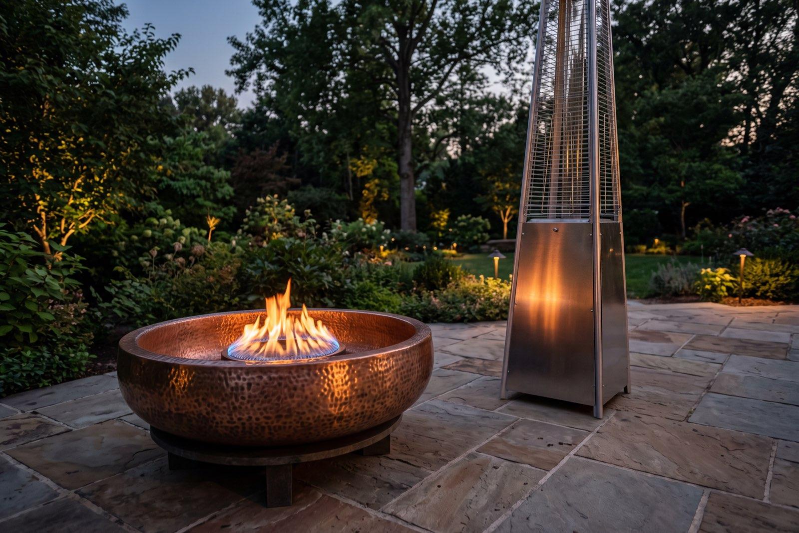A copper fire bowl and a stainless patio heater on a stone terrace at dusk, warm light on the metal.