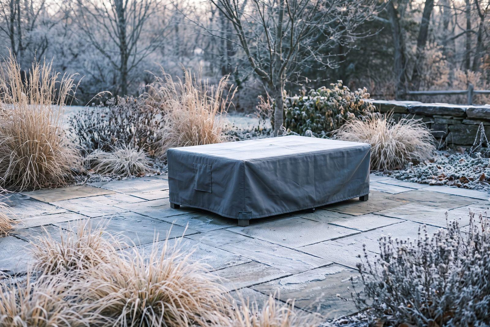 A concrete gas fire table under a fitted dark cover on a frosty stone patio in the early morning.